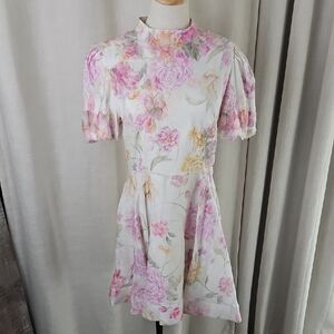 ANTONIO MELANI Iris Linen Floral Short Sleeve Mockneck Mini Dress: Ivory/Floral